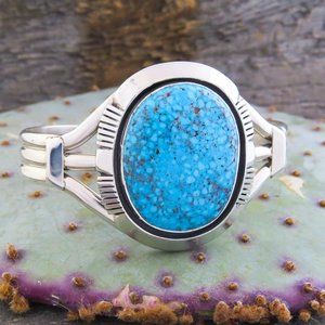 Native American Turquoise Sterling Silver Bracelet Size 6 3/4, Signed John Nelso